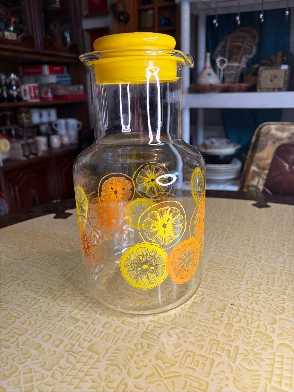 Vintage Pyrex Yellow and Orange Citrus Glass Pitcher with Lid